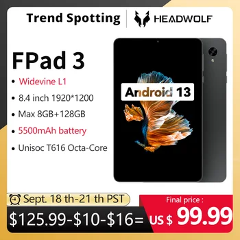 HEADWOLF FPad 3 Android 13 планшет 8,4 дюйма Макс 8 ГБ оперативной памяти 128 ГБ ПЗУ Widevine L1 Восьмиядерный 4G LTE Планшетный ПК для телефонных звонков 5500 мАч