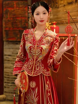 Женское Свадебное платье Со Стразами в Китайском стиле с вышивкой Феникса, Свадебный костюм для невесты, Одежда для Тостов