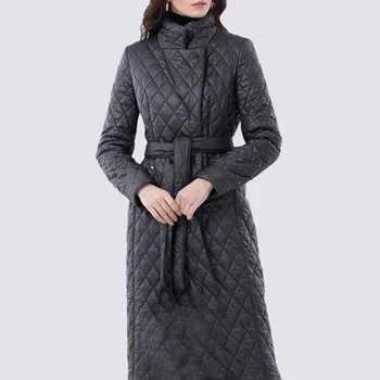 Женское Длинное Хлопчатобумажное пальто Зимняя мода Сплошной цвет Элегантный Приталенный пояс с лацканами, Длинный рукав в клетку, тяжелая зимняя куртка для женщин