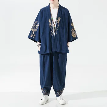Yourqipao, Мужской Японский комплект Кимоно, Модная уличная одежда в стиле Харадзюку С вышивкой Шелкового дракона, Повседневная Верхняя форма с капюшоном, Льняная одежда