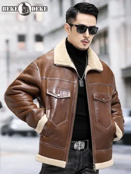 Эко Оригинальное пальто из овчины, Мужская куртка из натурального меха с отложным воротником, зимнее теплое шерстяное пальто с меховой подкладкой