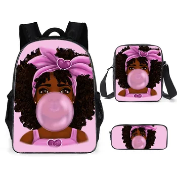 Популярный рюкзак для черных африканских девочек из 3 предметов с 3D печатью, школьная сумка для ноутбука, рюкзак на плечо, пенал, подарок
