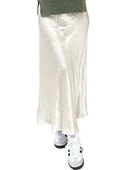 Элегантная плиссированная юбка миди трапециевидной формы с регулируемым поясом на завязках - Универсальная однотонная атласная юбка Макси для женщин