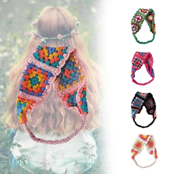 Вязаная повязка на голову, полая косынка с эластичной веревкой для волос, Тюрбан с цветочным узором в этническом стиле для девочек, реквизит для фотосессии