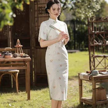 Летние повседневные женские Чонсам с вышивкой бабочки, Винтажные тонкие платья в китайском стиле с коротким рукавом Qipao