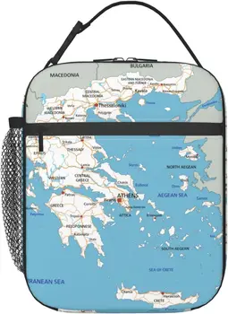 Сумка для ланча с дорожной картой Греции, Многоразовый ланч-бокс, Изолированный герметичный Ланч-бокс для офиса, пикника, кемпинга, путешествий