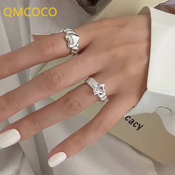 QMCOCO Серебристого цвета, Милое кольцо в форме сердца, Женская ретро-мода, Геометрическая цепочка, открытое, регулируемое, модное кольцо на указательный палец