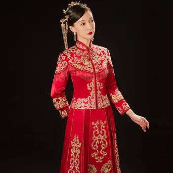 Ретро Изысканная Вышивка Кисточкой Китайский Свадебный Костюм Пары Чонсам Элегантный Свадебный Костюм Невесты китайская одежда