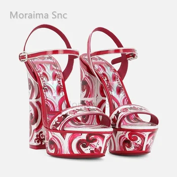 Женские босоножки на толстом каблуке с красным принтом, 14 см, высокий каблук с открытым носком, ремень с пряжкой, обувь для отдыха в стиле Бохо