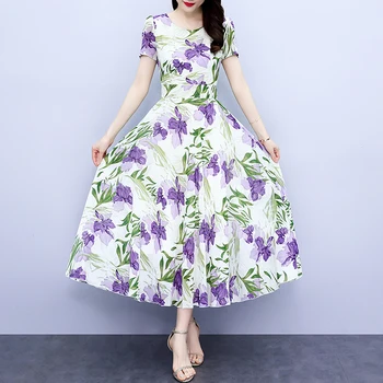 Богемное Женское Шифоновое платье с Темпераментом, летнее Женское Длинное платье с V-образным вырезом, Фиолетовое Пляжное Платье с цветочным Рисунком