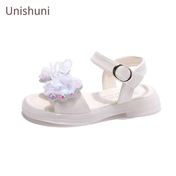 Летние Сандалии принцессы для девочек Unishuni с украшением в виде кристаллов, обувь с бантиком-бабочкой для девочек, детская летняя пляжная обувь с открытым носком, Сандалии со стразами