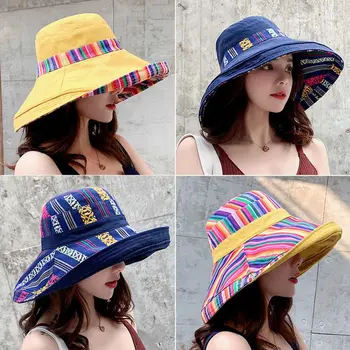 Женская солнцезащитная шляпа, Осенняя солнцезащитная кепка, Складная национальная пляжная шляпа в стиле Ретро с широкими полями
