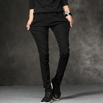 Новое поступление, Модные мужские джинсы Стрейч черного цвета, Повседневные брюки-карандаш, Эластичные обтягивающие брюки, Уличная одежда, Узкие джинсы-скинни Для мужчин