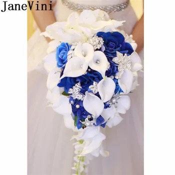 JaneVini Royal Blue Искусственные Цветы Невесты Водопад Свадебный Букет С Хрустальной Брошью Для Новобрачных Букеты hochzeit blumen 2022