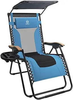 Гравитационный стул с тенью, вместимостью 400 фунтов, откидывающийся шезлонг с сетчатой спинкой, мягкий, плюс подстаканник, столик для газона во дворе синего цвета