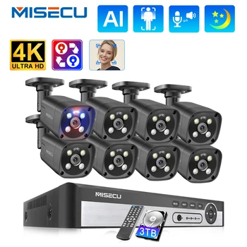 Misecu 8CH 4K 8MP Система видеонаблюдения, Комплект наружного видеонаблюдения, Комплект домашней камеры Безопасности, двухстороннее аудио, Водонепроницаемое обнаружение движения