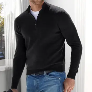 Мужской однотонный свитер, Стильный мужской осенне-зимний свитер со стоячим воротником и V-образным вырезом, приталенный, эластичный, с длинным рукавом, на мягкой молнии для мужчин