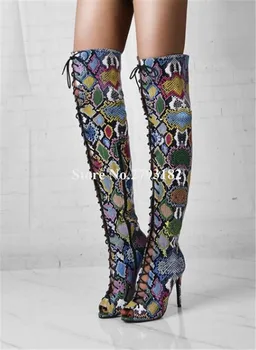 Женские Пикантные модные сапоги-гладиаторы из змеиной кожи на шпильке с открытым носком, до колена, Сапоги-гладиаторы на шнуровке, Длинные ботинки на высоком каблуке, модельные туфли
