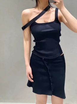 Модный Классический Роскошный Дизайнерский чехол с высокой эластичностью, контрастным диагональным плечом, асимметричным плечевым ремнем, футболка на бретелях Женская
