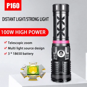 P160, мощный светодиодный фонарик МОЩНОСТЬЮ 100 Вт, дистанционный мощный телескопический зум, наружное освещение, USB-смарт-зарядка, COB фонарик