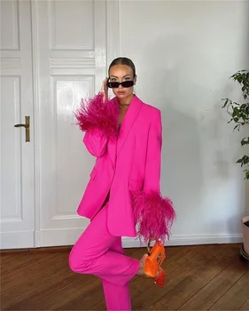 Вечерние женские костюмы Barbiecore Розового цвета, Комплект брюк, 2 предмета, куртка из страусиных перьев, Офисное женское вечернее платье для выпускного вечера Женский костюм