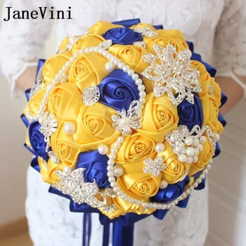 JaneVini Fleur Атласная желтая и Королевская синяя Свадебная Брошь Букет Невесты с Бриллиантами Жемчужная лента Букет Невесты из розового хрусталя