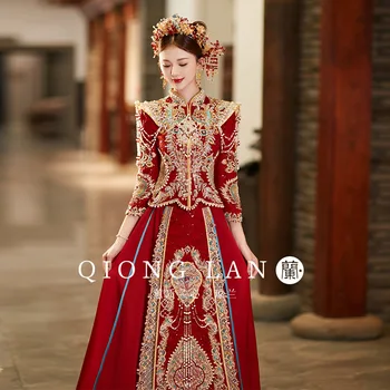 Невеста В китайском стиле, Одежда для Тостов, Элегантное Свадебное платье с Пайетками, Бисером, Кисточками и вышивкой