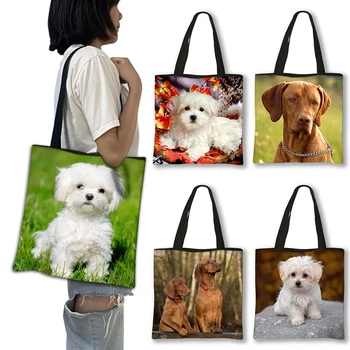 Кавайная Венгерская сумка Vizsla/Мальтийские собаки, сумка на плечо с принтом, Женские повседневные сумки-тоут, сумки Большой емкости, Многоразовые сумки для покупок