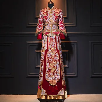 Традиционный Свадебный костюм Невесты с вышивкой Феникса Cheongsam Классическая китайская пара Женщины Мужчины Свадебное платье Qipao Vestidos