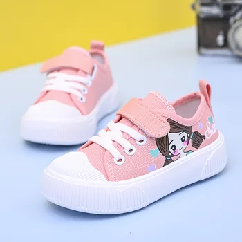2023 Детские кроссовки, розовая модная парусиновая обувь для девочек, детские дышащие нескользящие кроссовки с героями мультфильмов, детская обувь