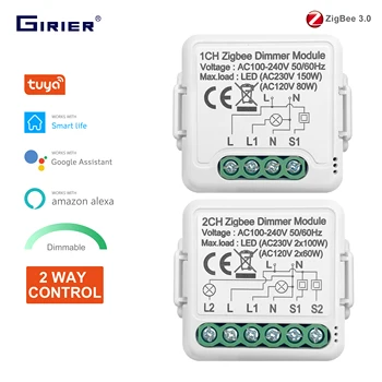 GIRIER Tuya ZigBee 3.0 Smart Dimmer Switch Модуль 10A, Поддерживает 2 способа Управления Затемняемым переключателем, Работает с Alexa Alice Google Home