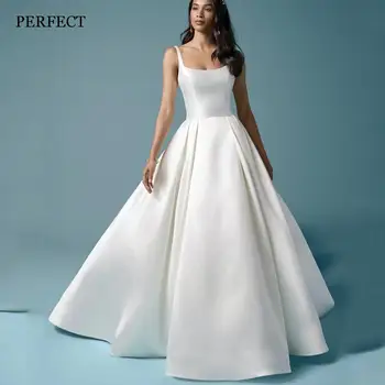 Идеальные Элегантные Свадебные платья из атласа с Квадратным воротником, Бальное платье без рукавов, Свадебные платья с открытой спиной на заказ, Vestidos De Novia