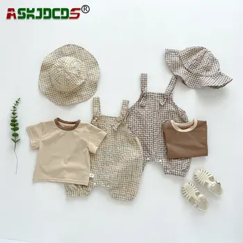 Комплект хлопчатобумажной одежды для новорожденных: топ с короткими рукавами, футболки + клетчатый комбинезон, шляпа - 3 предмета для детей 0-24 м