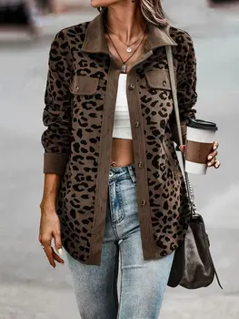 Осенняя леопардовая куртка, Женская вельветовая куртка, пальто, Женская Верхняя рубашка С длинным рукавом, зимняя Свободная рубашка, Куртки для женщин