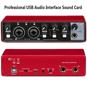 Аудиоинтерфейс для записи Портативная профессиональная звуковая карта с петлевым монитором 48V Phantom для аудиооборудования Гитары