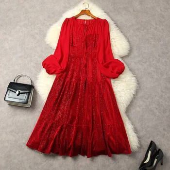 Европейская и американская женская одежда 2023, весенняя новинка, шифоновое бархатное Красное плиссированное платье с Длинным рукавом-фонариком