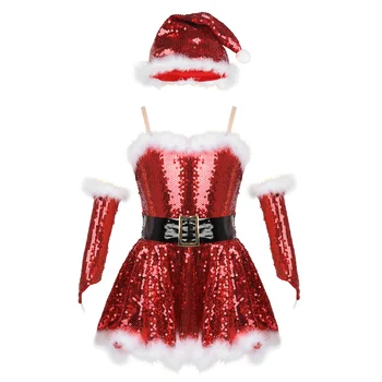 Рождественский костюм для девочек, Красное платье Санта-Клауса, наряд для фигурного катания на коньках, Балетное танцевальное платье-трико со шляпой, рукава нарукавники