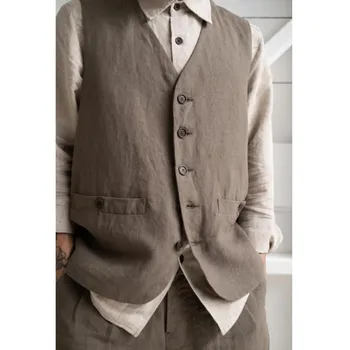 Официальный мужской однотонный жилет в стиле ретро из хлопка и льна, тонкий V-образный вырез, Однобортный, без рукавов, подходит для делового досуга, крутое пальто