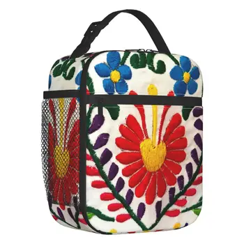 Мексиканские цветы, Художественная изолированная сумка для ланча для женщин, Сменная текстильная вышивка, термосумка-холодильник, сумка для ланча, Офисная работа, школа