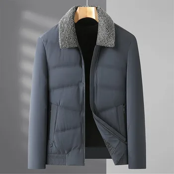 Мужская пуховая куртка с меховым воротником 2023, тонкая легкая короткая осенне-зимняя повседневная теплая пуховая куртка с лацканами