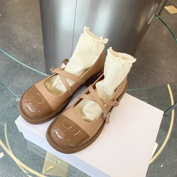 Женские туфли Mary Jane в стиле Ретро, новинка 2022, Перекрестный толстый каблук, Толстая подошва, Маленькие кожаные туфли на платформе, Женская обувь