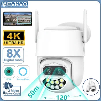 EVKVO 4K 8MP Двухобъективная WiFi Камера видеонаблюдения с 8-кратным Оптическим Зумом AI Автоматическое Отслеживание 80 М Полноцветная IP-камера Ночного Видения iCSee