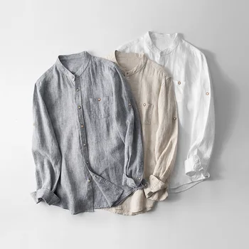 Летние японские рубашки свободного кроя из чистого льна с круглым вырезом, большого размера, модные повседневные мужские рубашки с длинными рукавами