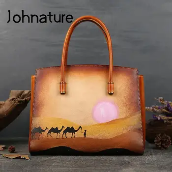 Женская сумка-тоут из натуральной кожи с ручной Росписью Johnature 2022, Новая Винтажная Дизайнерская роскошная сумка из натуральной воловьей кожи
