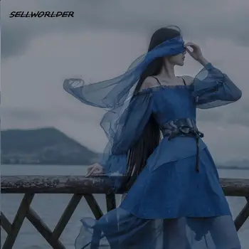 Асимметричное женское шифоновое синее платье с нерегулярной вставкой, струящееся