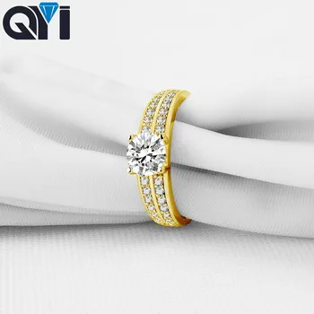 QYI 14K Из твердого желтого золота, двухрядные кольца, Круглый муассанит, Бриллиантовые Свадебные Обручальные кольца Halo Для женщин