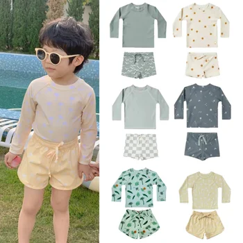 Детский купальный костюм 2023, летняя мультяшная мода, быстросохнущая защита от солнца, Пляжная одежда с длинными рукавами для мальчиков, Детская одежда